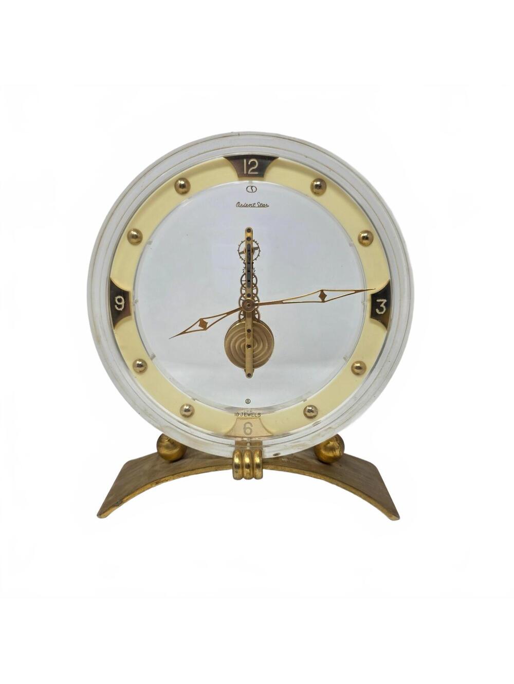Vintage Orient Star 18 Jewel Skeleton Clock Lucite Brass Nonworking For Repair